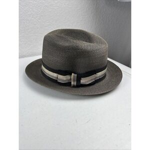 Vintage Stevens Straw Fedora Panama Hat With Ribbon‎ Band - Size 7 1/8 Gray